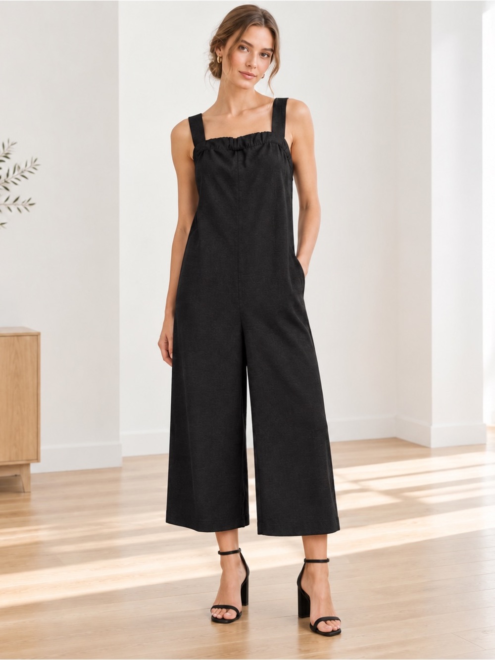 Club Monaco Black Square Neck Jumpsuit Wide Straps No Size Tag